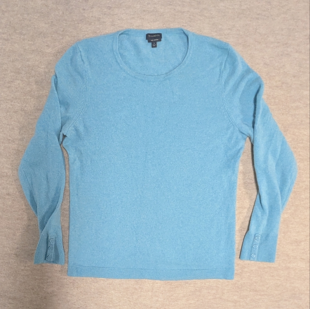 100% Cashmere Sweater Talbots Top Light Blue Lightweight Button Detail Sz Large
